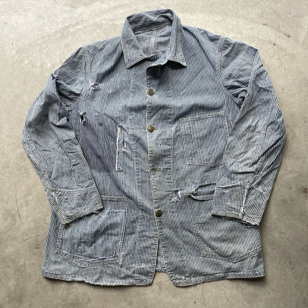 Vintage 50s Hickory Stripe Chore Coat Distressed Thrashed Workwear Jacket 24x31